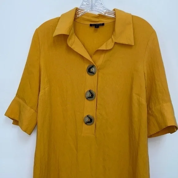 Lily Black Mustard Tunic Blouse Dress Oversized Buttons Women’s Size Small - Picture 2 of 13